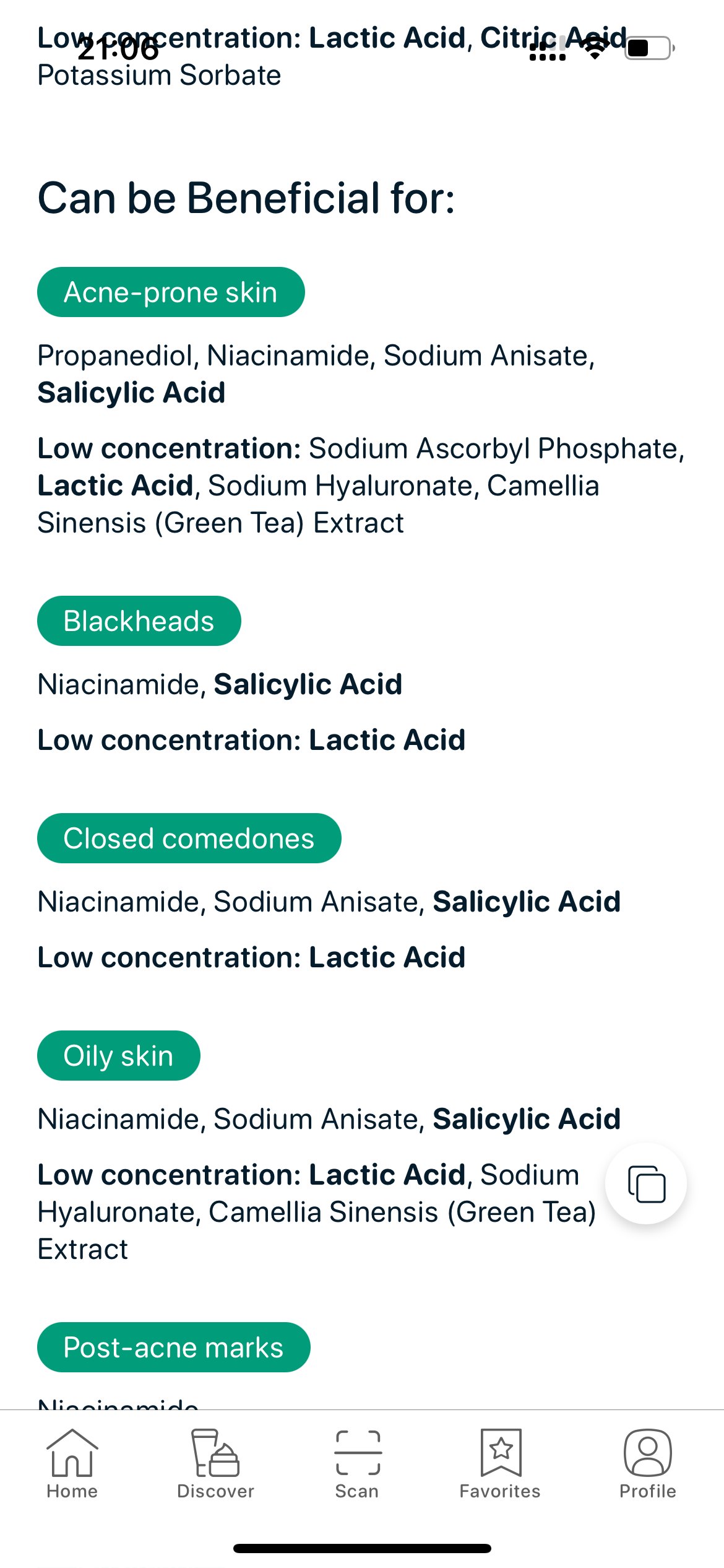 Ingredients beneficial for acne-prone skin — niacinamide, salicylic acid, lactic acid