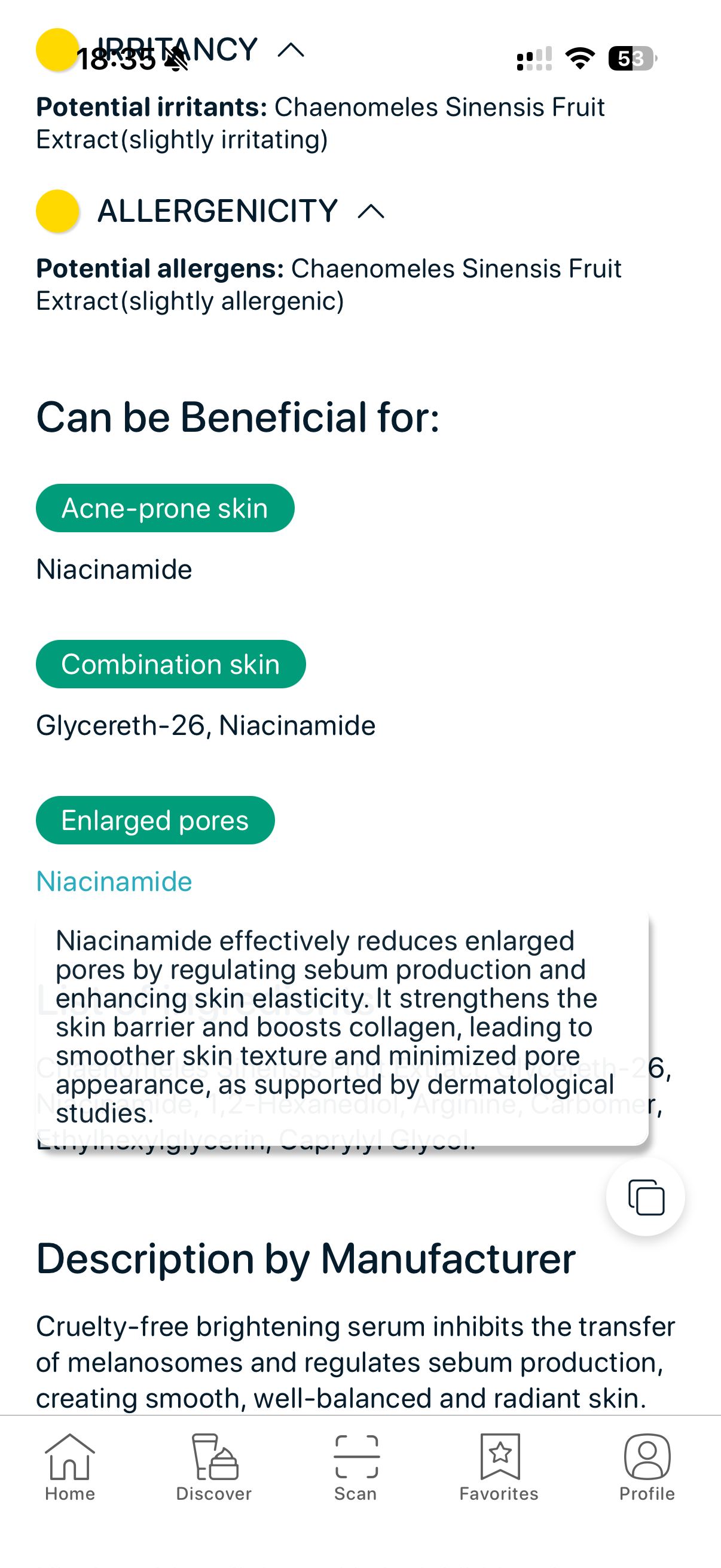 SkinBuddy analysis explaining how niacinamide supports a pore-friendly skincare routine and minimizes pore visibility.