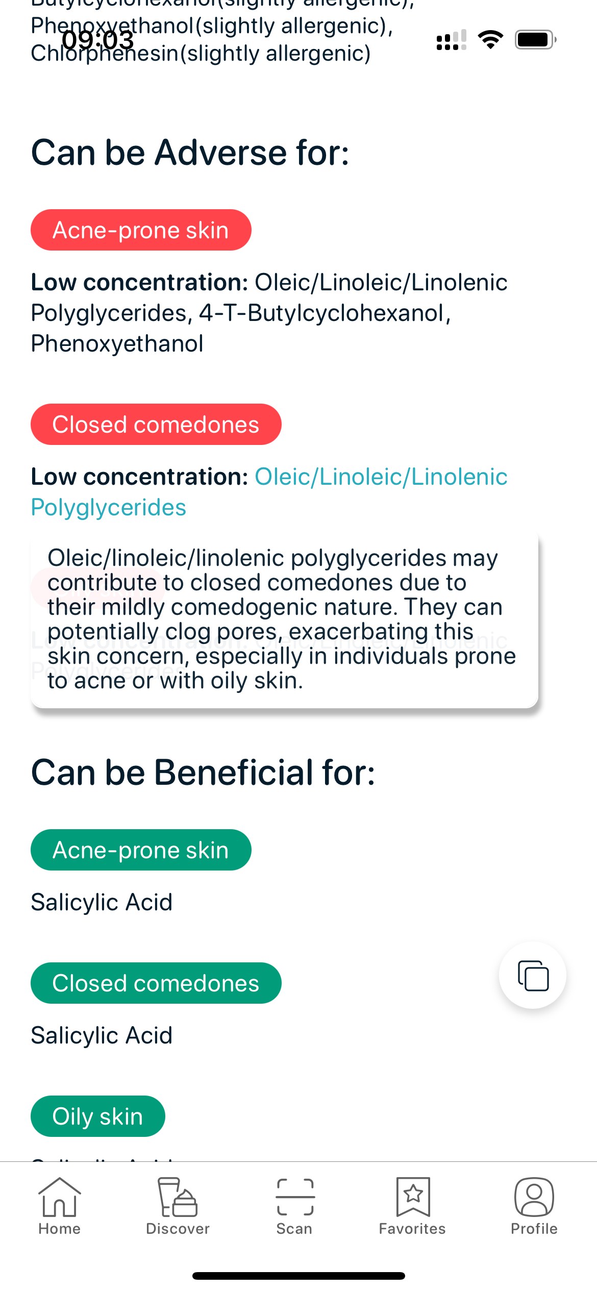 SkinBuddy ingredient analysis showing comedogenic ingredients that can worsen closed comedones.
