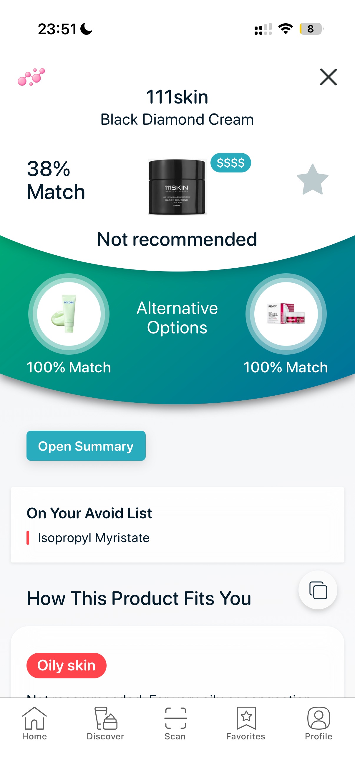 Product compatibility result highlighting Isopropyl Myristate on avoid list