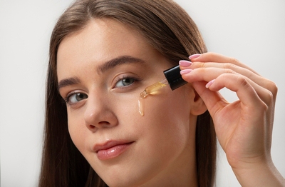 Woman applying kojic acid serum to face — skin-brightening treatment for dark spots, melasma, and hyperpigmentation.