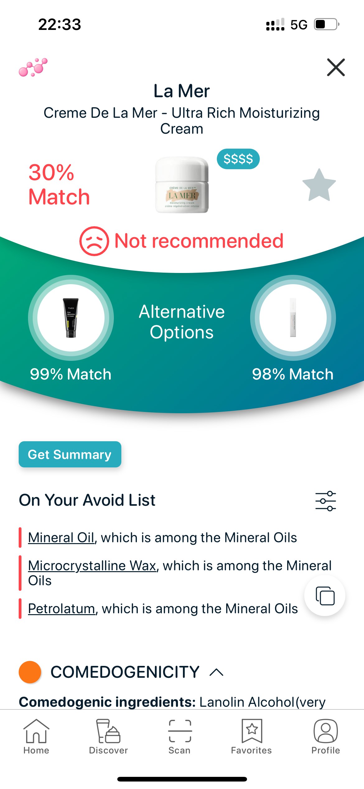 SkinBuddy product detail page reviewing La Mer Creme de la Mer ingredient list and flagging mineral oil derivatives