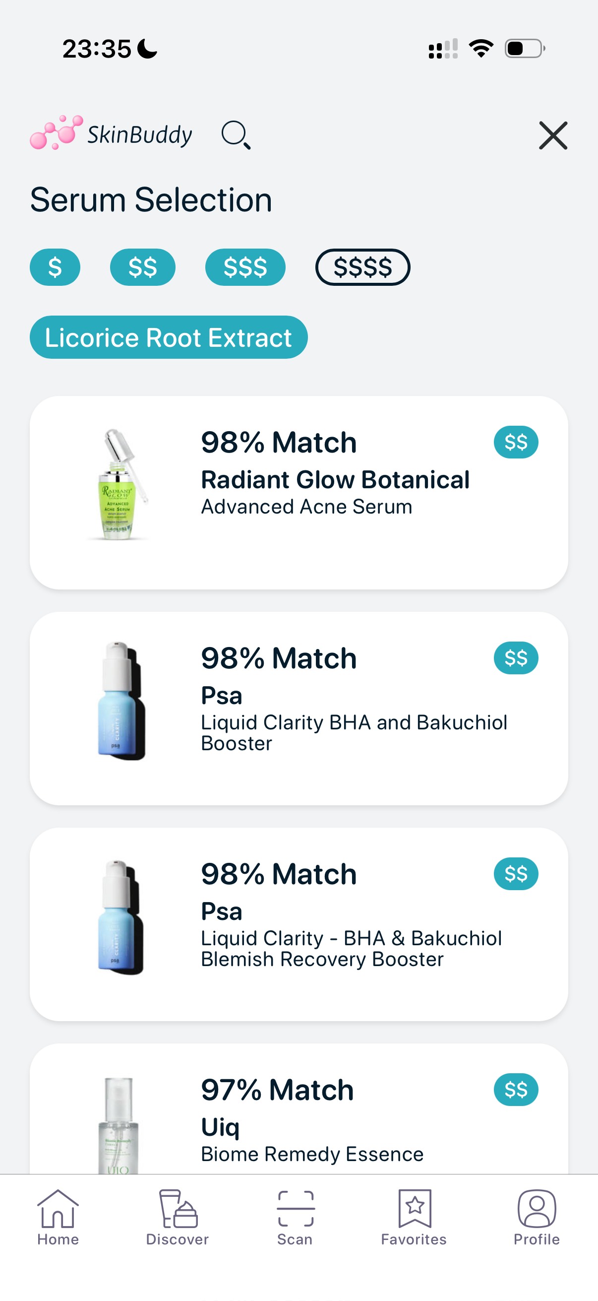 Best skincare products with licorice root extract for dark spots, hyperpigmentation and post acne marks in SkinBuddy app