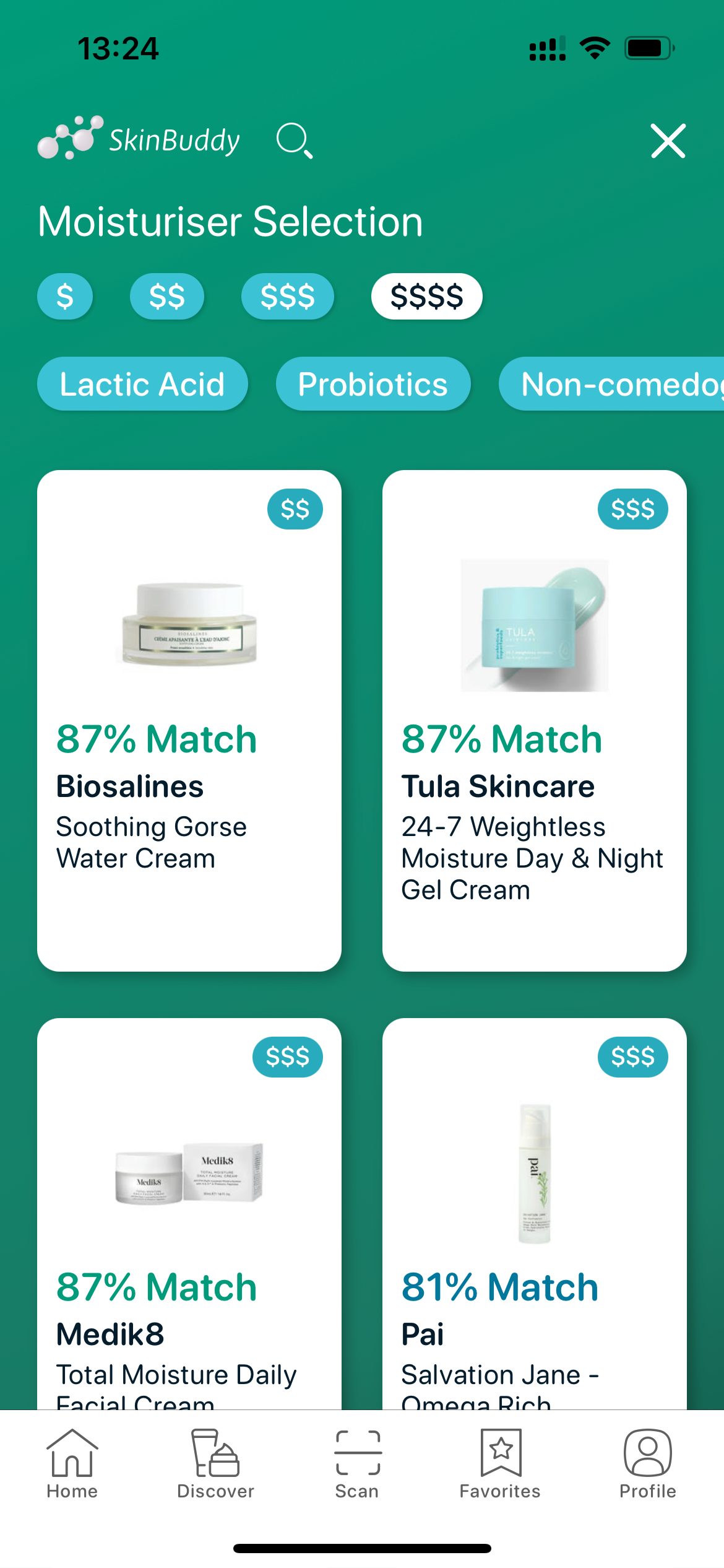 SkinBuddy moisturiser selection — products with lactic acid and probiotics for hydration and exfoliation.