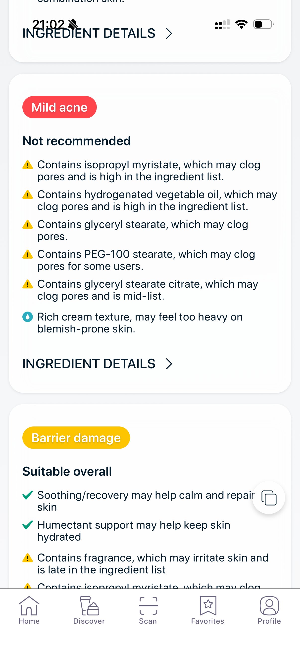 Skincare ingredient analysis showing comedogenic ingredients that may cause clogged pores and breakouts