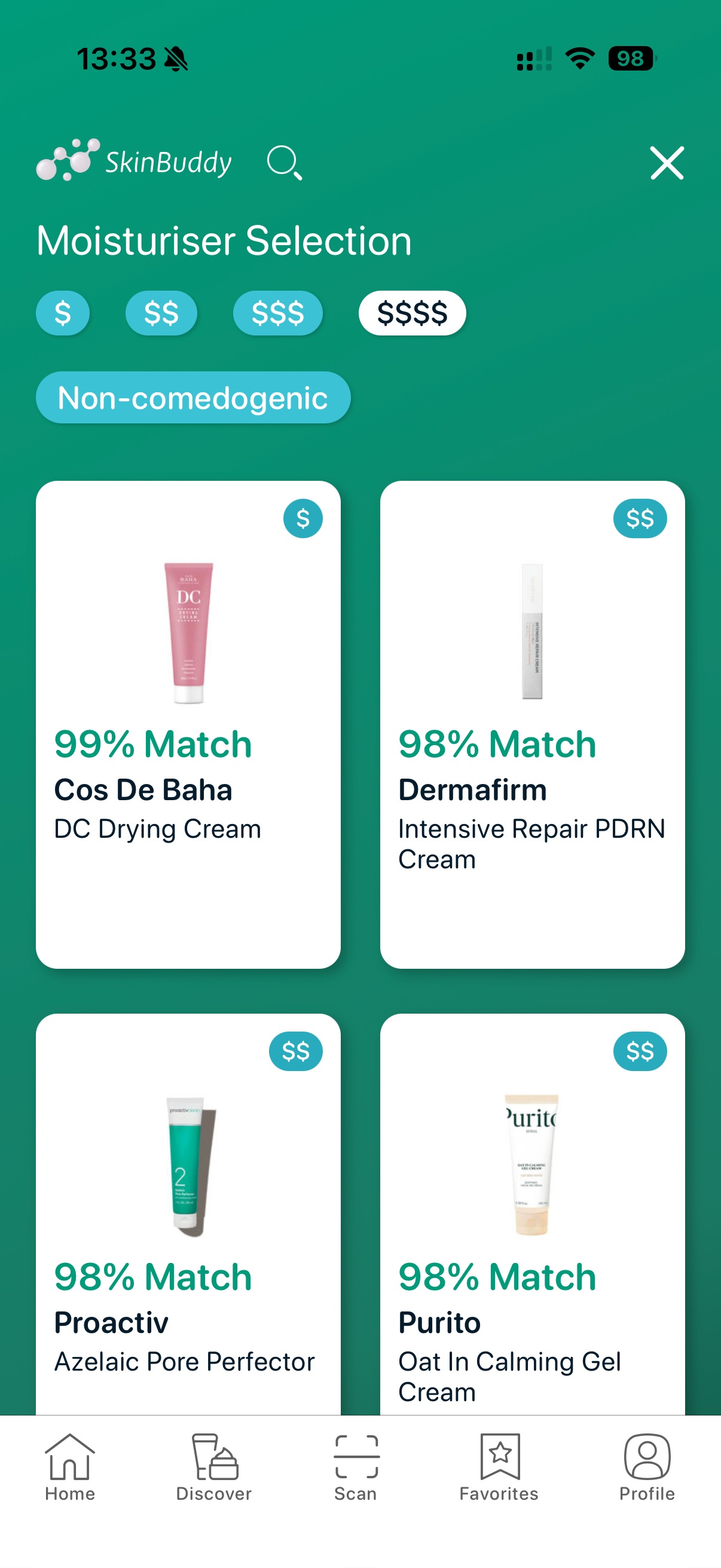 SkinBuddy moisturiser recommendations filtered as non-comedogenic, showing products safe for cystic acne.