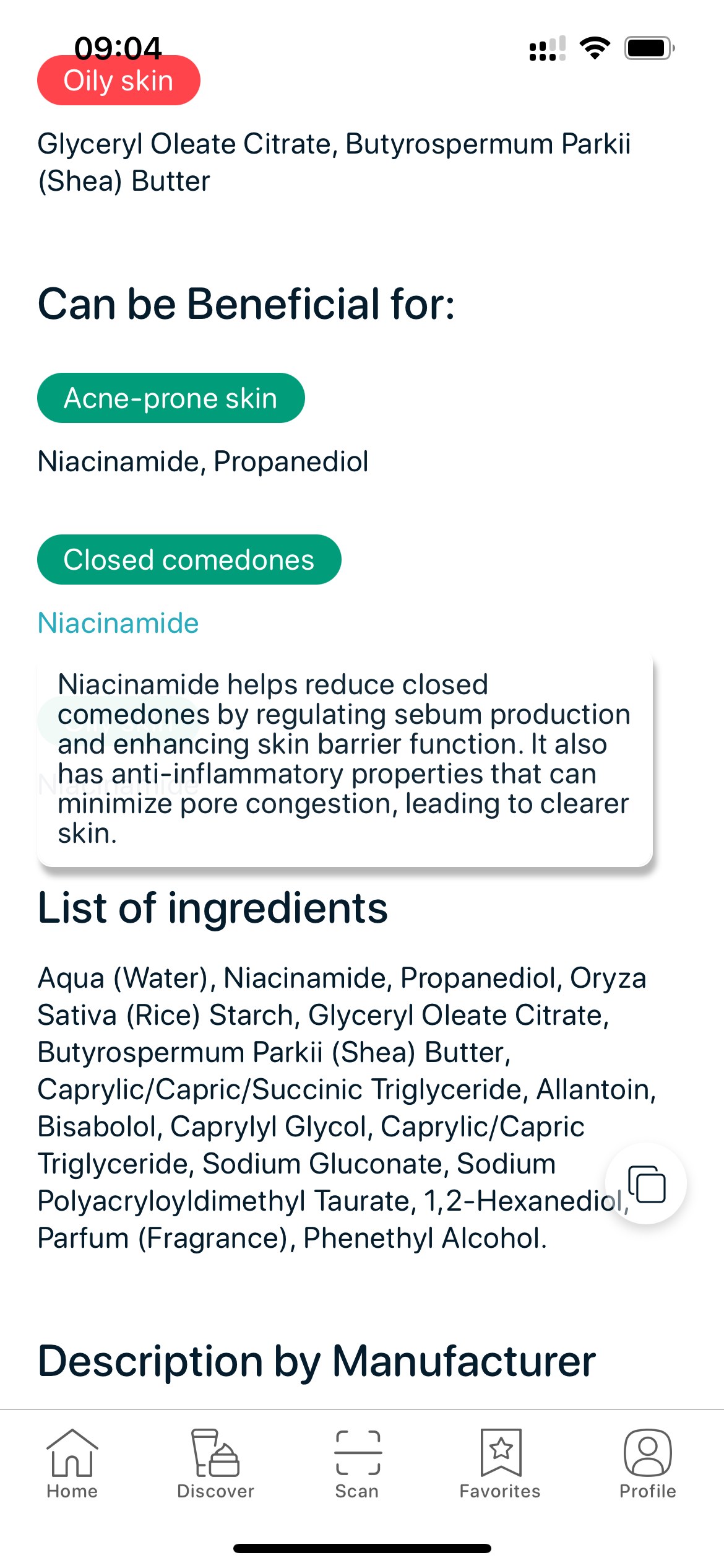 Niacinamide shown in SkinBuddy app as beneficial for acne-prone and closed comedone-prone skin.