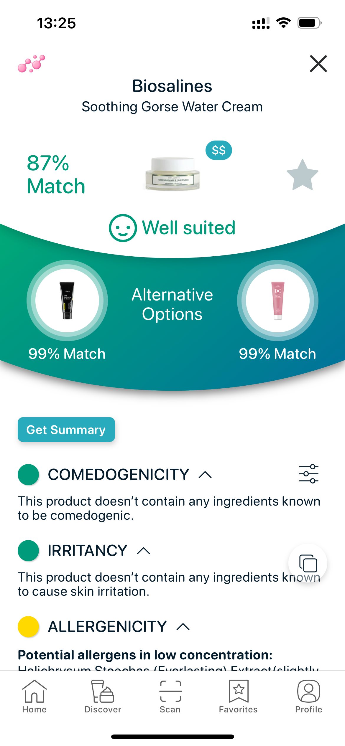 Biosalines Soothing Gorse Water Cream analysis — lactic acid moisturiser rated non-comedogenic.