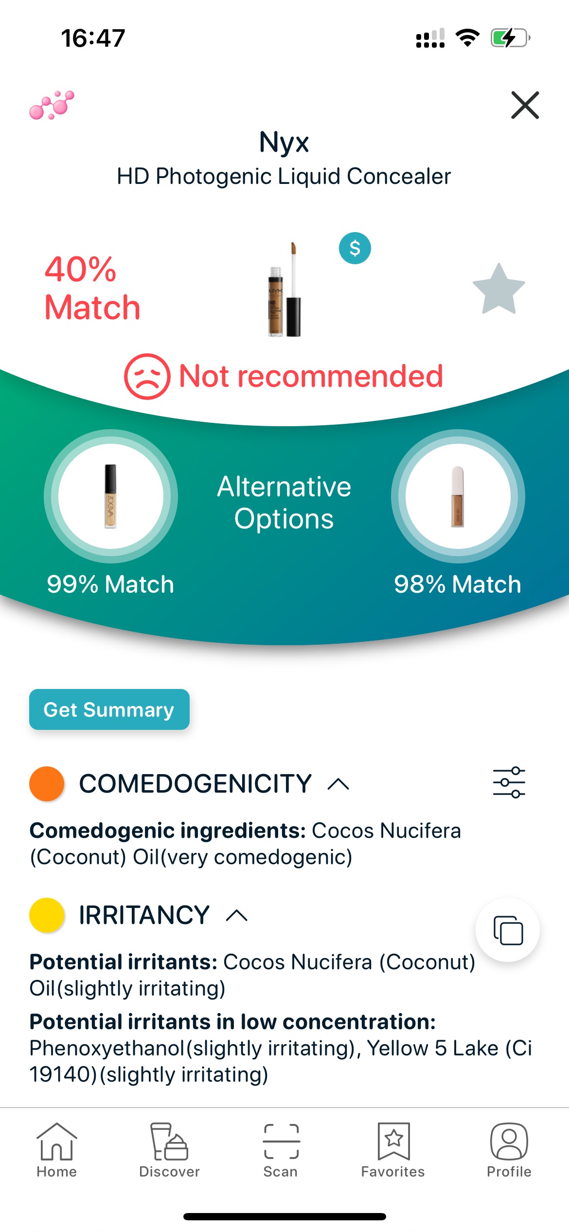 SkinBuddy analysis of Nyx concealer showing comedogenic coconut oil and low match for acne-prone skin.