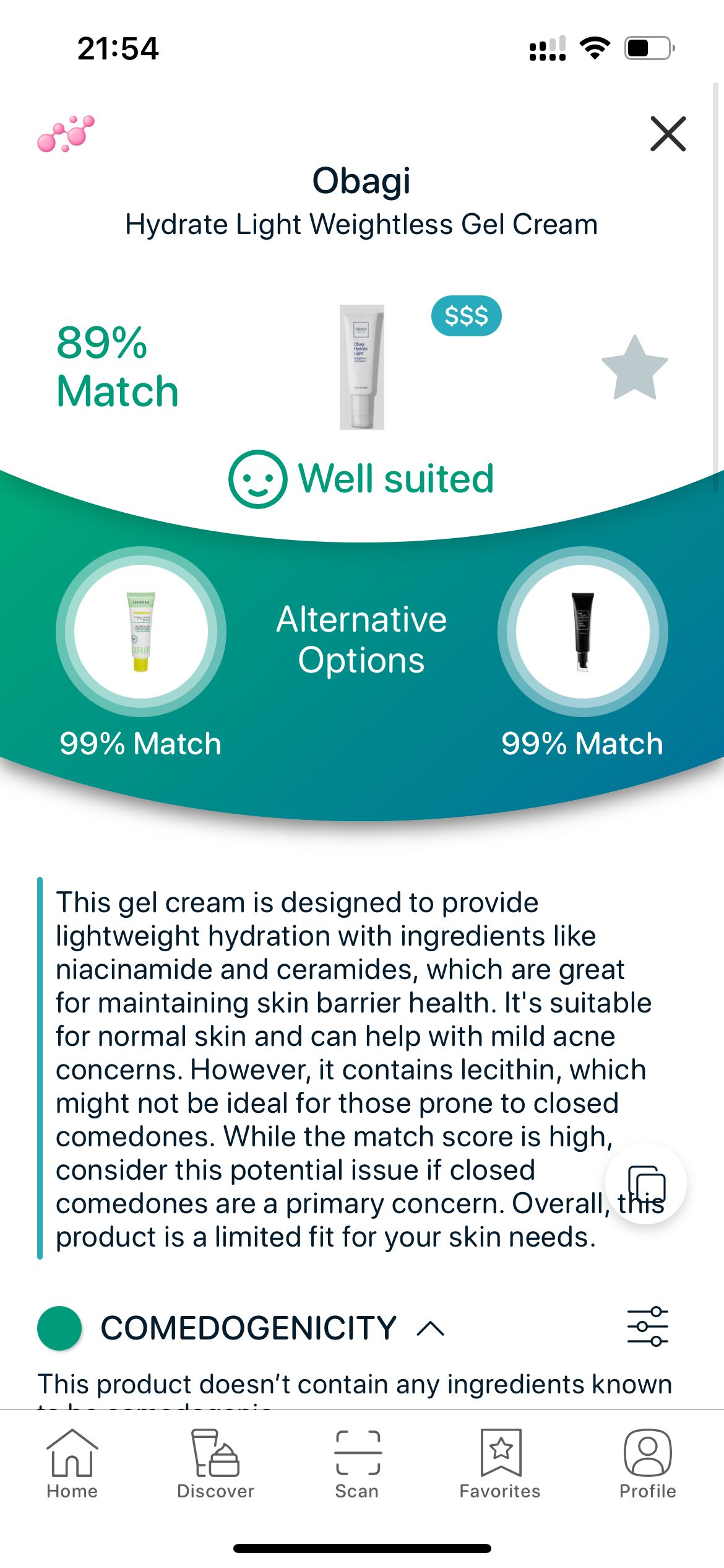Obagi Hydrate Light Gel Cream with jojoba oil review in SkinBuddy -  match score, non-comedogenic rating, and alternatives for sensitive skin
