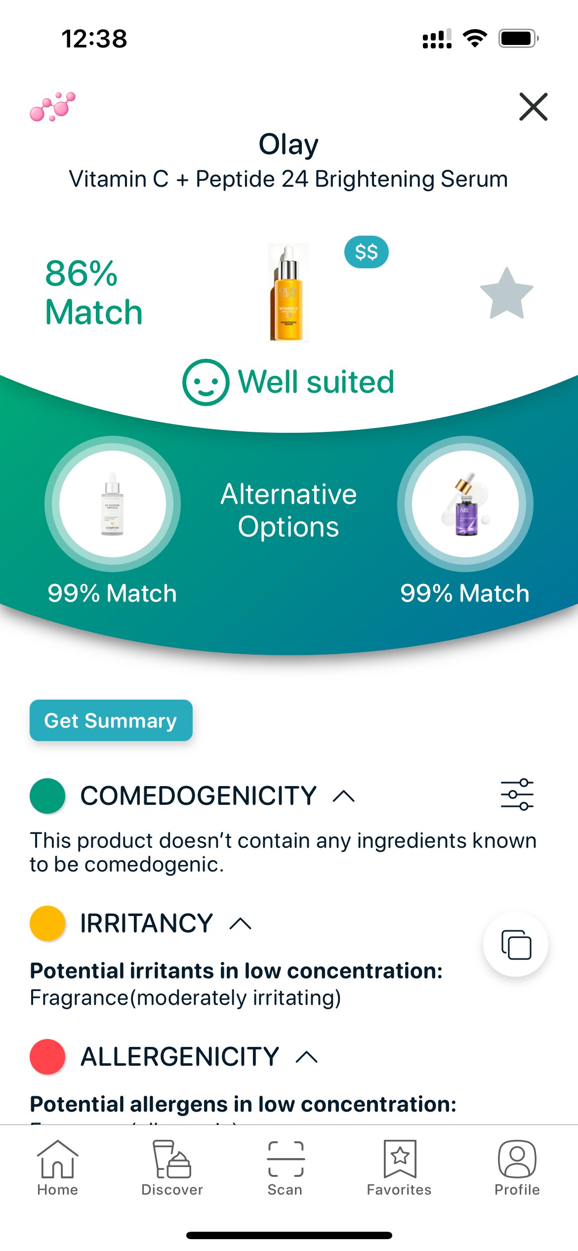 SkinBuddy product analysis—peptide serum match score with non-comedogenic rating, irritancy and allergen insights, plus safer alternatives