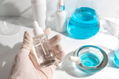 Cosmetic serum formulation in laboratory illustrating preservatives like phenoxyethanol used in skincare