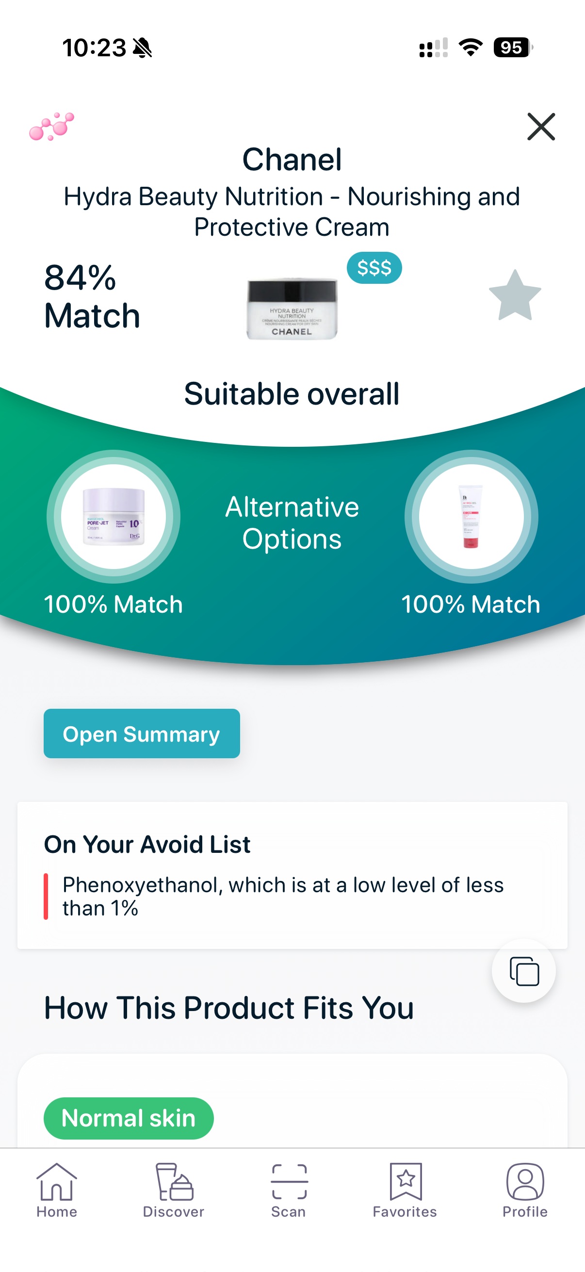 Skincare ingredient analysis showing phenoxyethanol preservative flagged in product ingredients