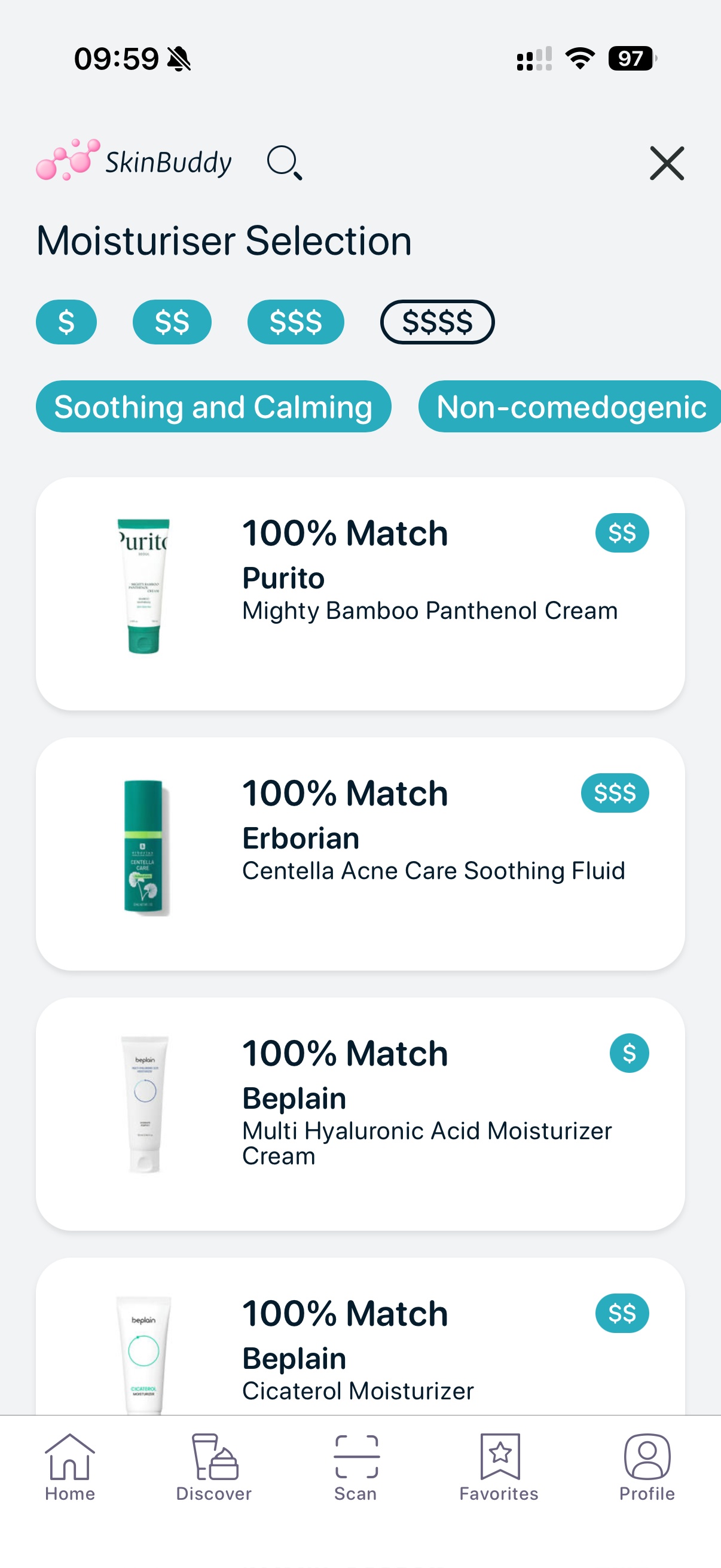 Skincare app showing phenoxyethanol-free moisturizer matches for soothing and calming routines