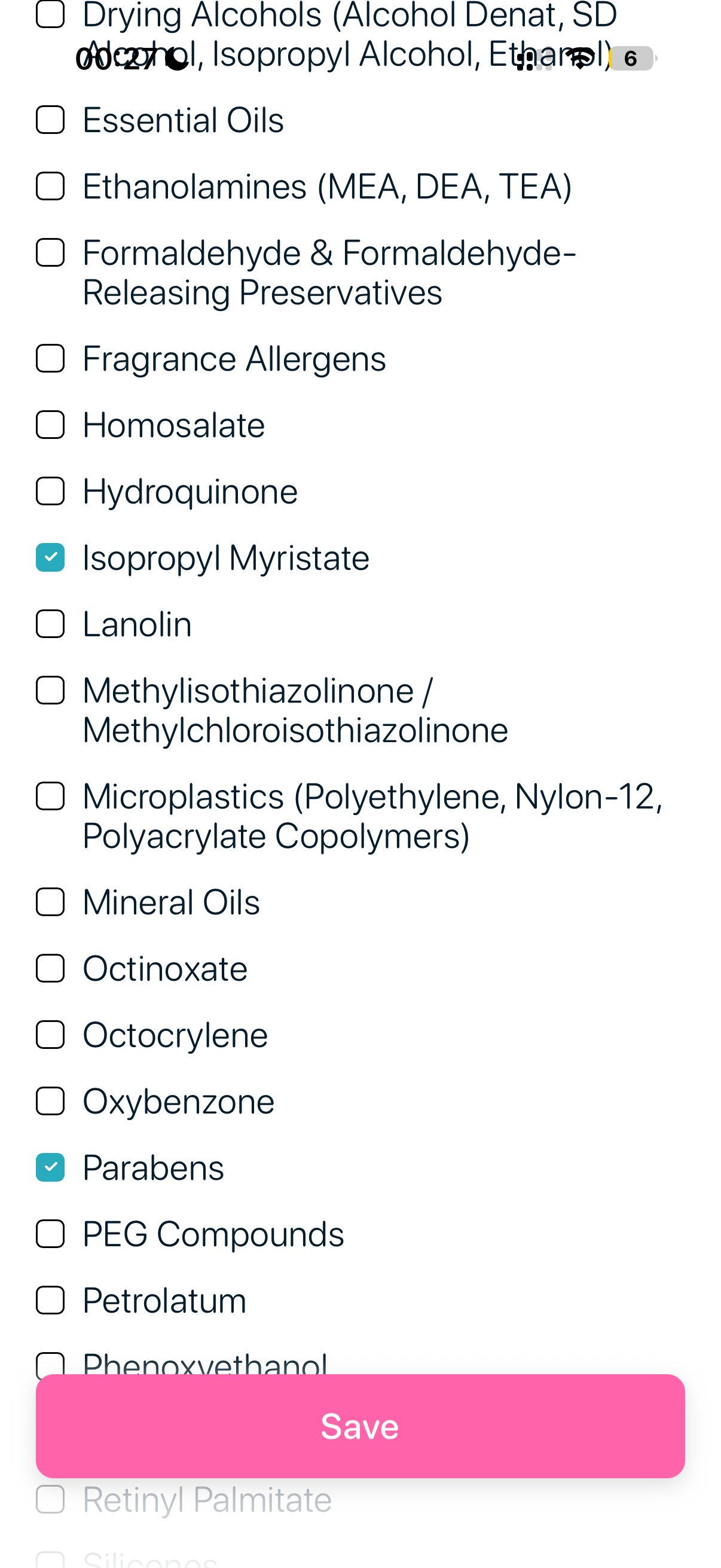 SkinBuddy app interface adding Isopropyl Myristate to ingredients to avoid list