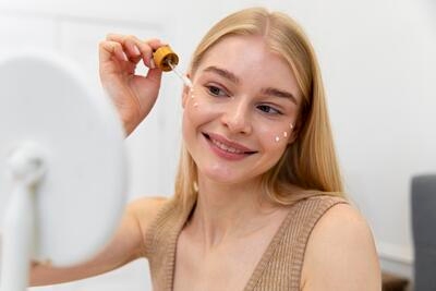 Young woman smiling and applying Vitamin E serum under her eyes in front of a mirror.