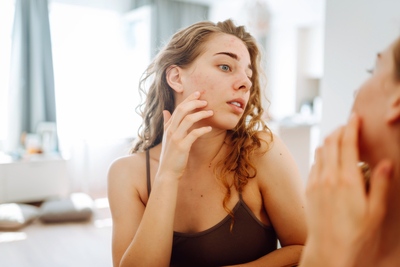 Young woman examining acne on her face in the mirror, highlighting the need for acne-safe skincare ingredients