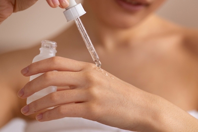 Close-up of a woman applying hyaluronic acid serum to the back of her hand using a dropper bottle