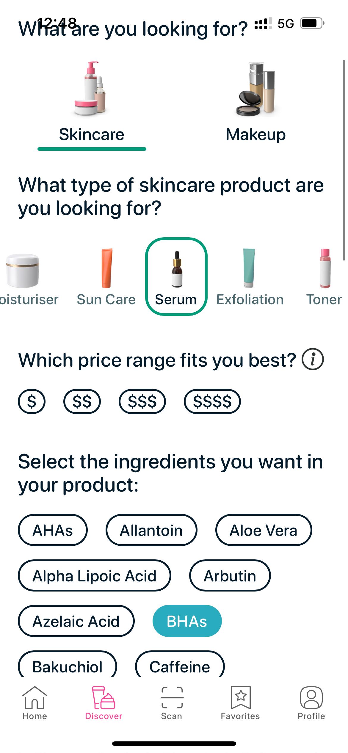 SkinBuddy smart filter page