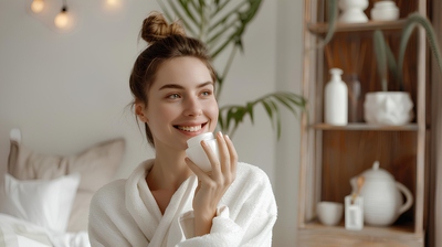 A girl with a bun smiles. She's probably about to start her morning routine.