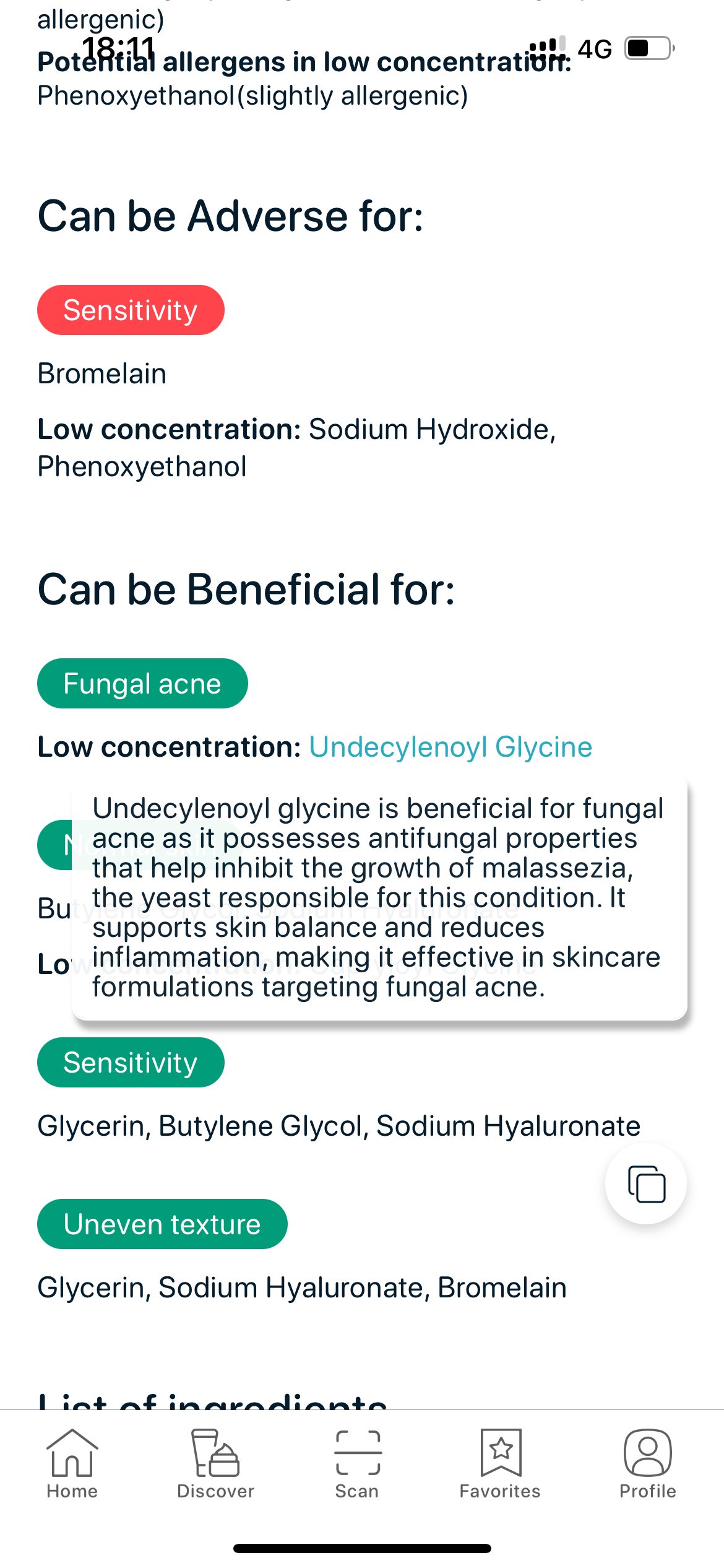 SkinBuddy product detail page ingredient summary showing beneficial antifungal ingredient Undecylenoyl Glycine for fungal acne