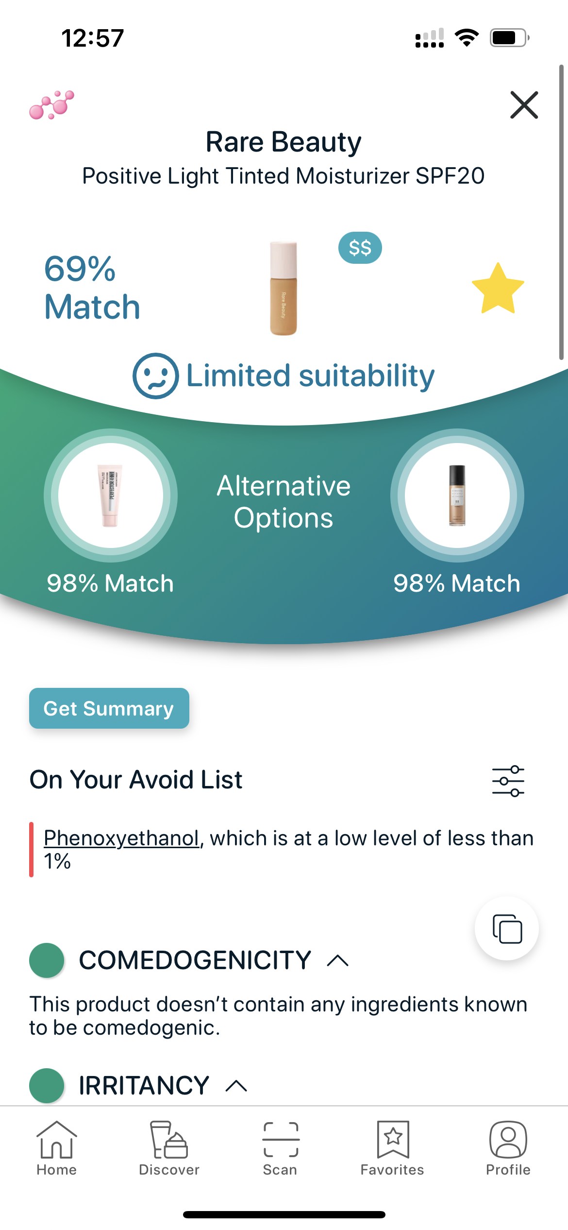 SkinBuddy product detail showing Rare Beauty Positive Light Tinted Moisturizer SPF20 with match score, suitability status, and ‘On Your Avoid List’ phenoxyethanol warning