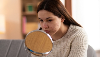 Young woman examining her face in the mirror for dark spots and acne marks.
