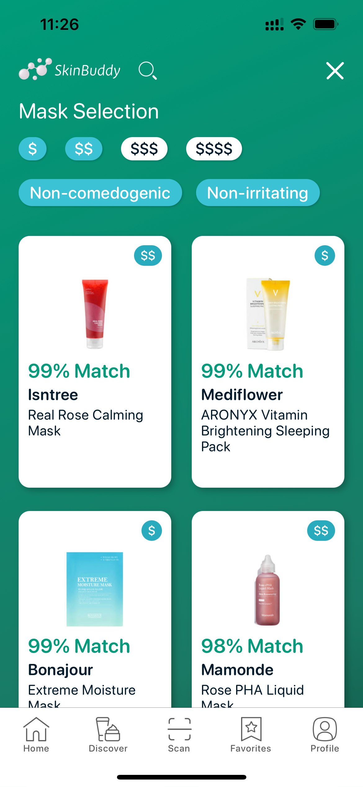 SkinBuddy Mask Selection filtered by Non-comedogenic and Non-irritating, showing top-matched acne-safe sheet masks