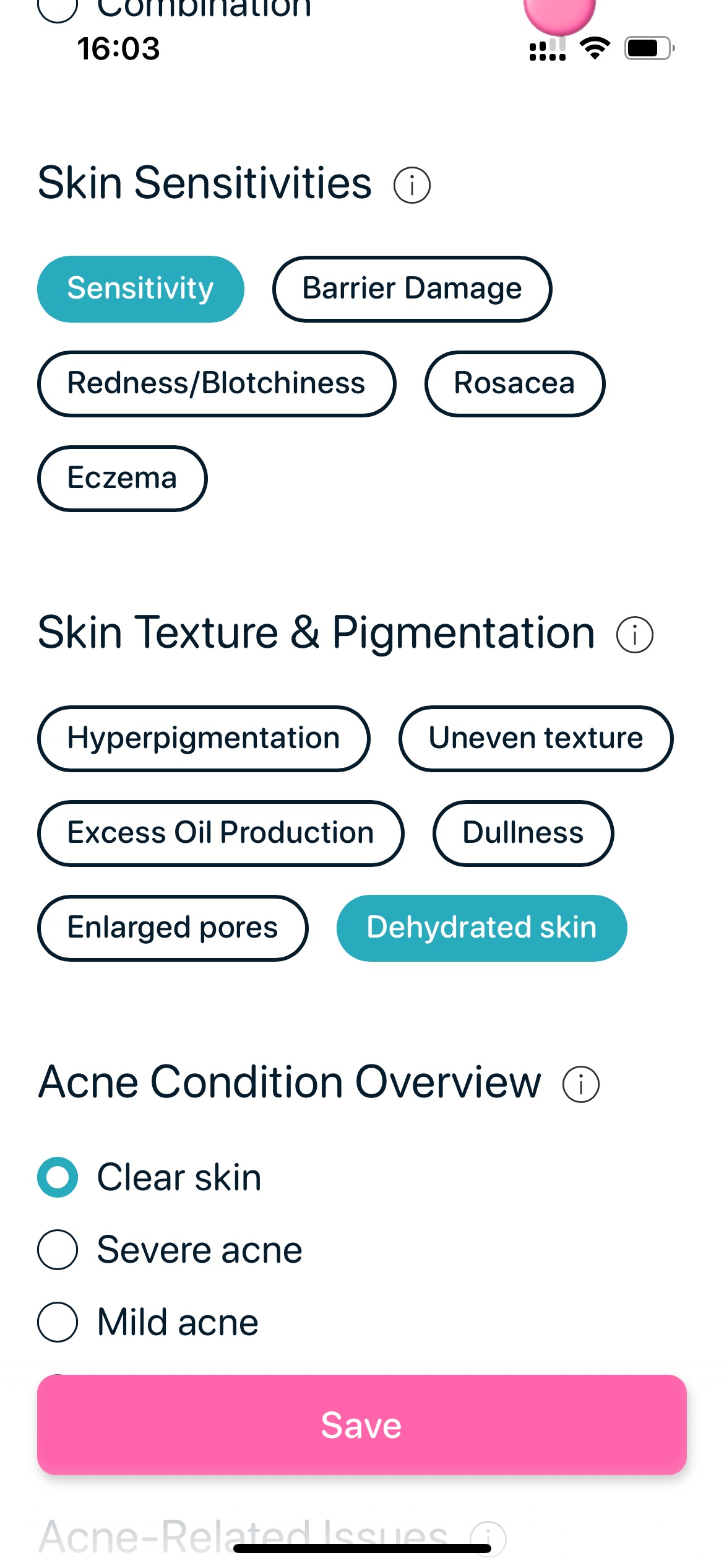 SkinBuddy profile setup showing skin sensitivities, dehydration, and acne condition to personalize skincare for dehydrated, irritated skin.
