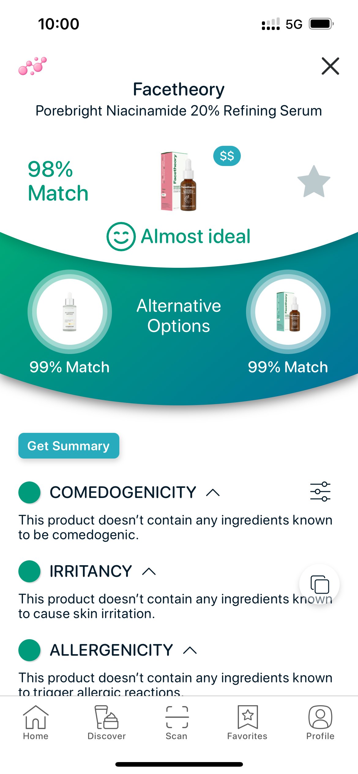 SkinBuddy product page showing Facetheory azelaic acid serum match and safety analysis