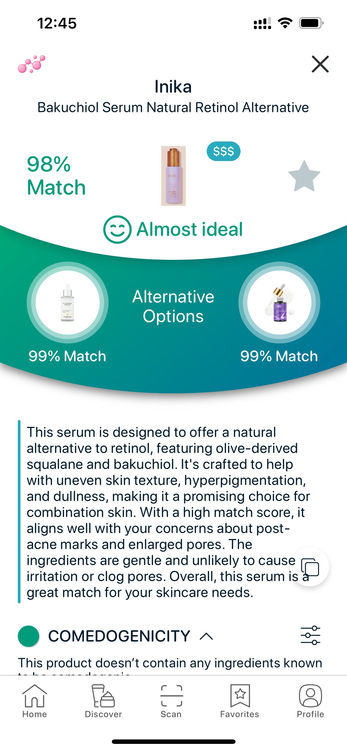 SkinBuddy product page for a bakuchiol serum with match score, non-comedogenic check, and alternative options for sensitive skin