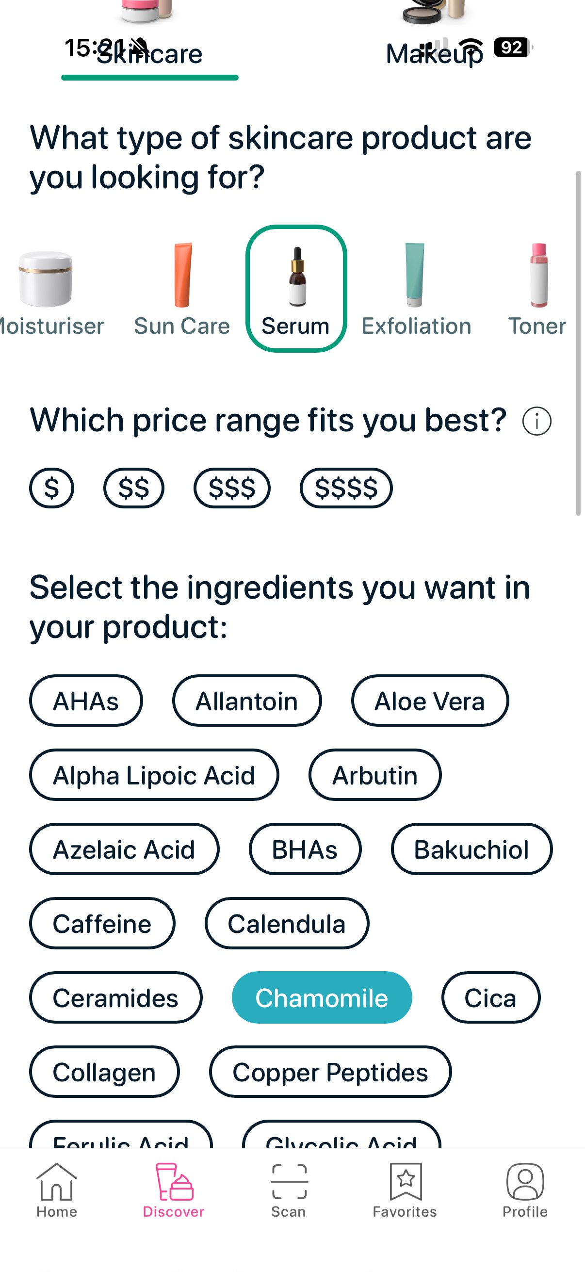 SkinBuddy Discover screen with chamomile selected as a calming ingredient for sensitive skin.