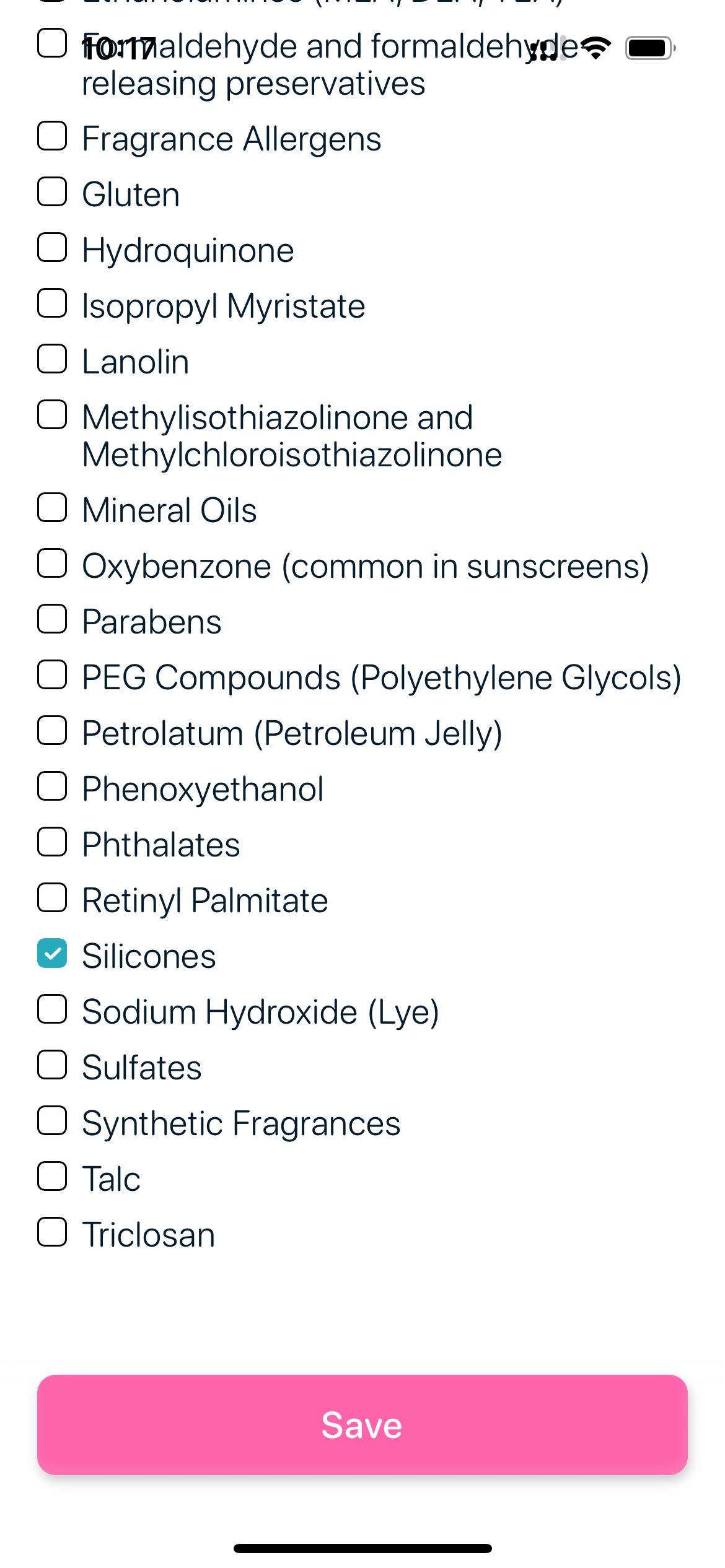 SkinBuddy Skin Profile setup screen with ‘Avoid Silicones’ enabled for a silicone-free skincare regimen