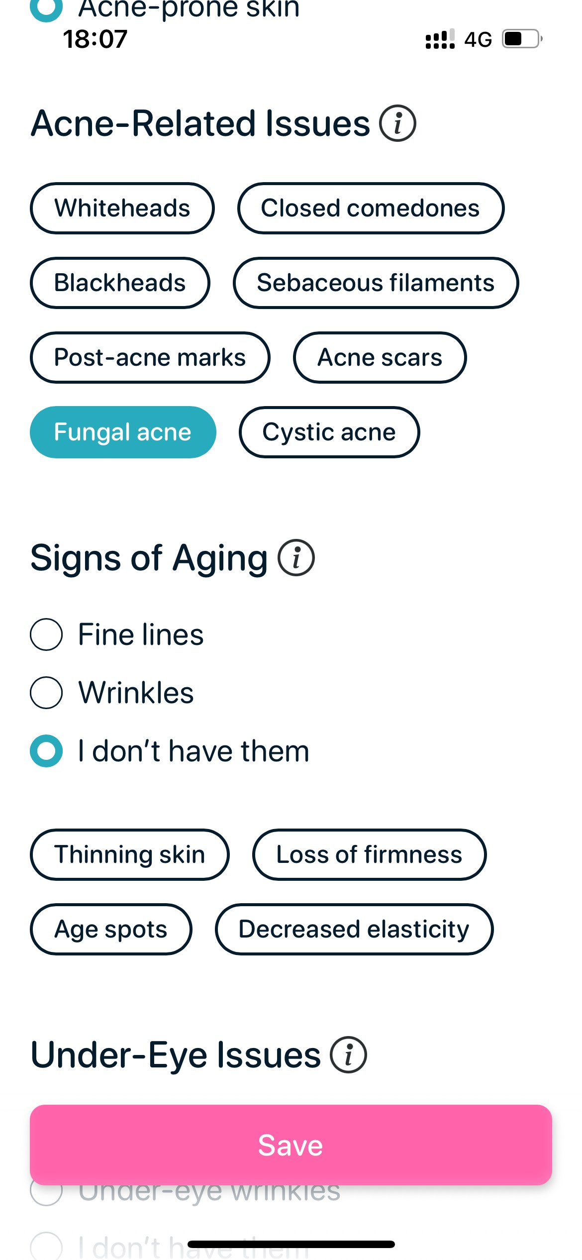 SkinBuddy profile setup screen showing acne-related issues with ‘Fungal acne’ highlighted among whiteheads, blackheads, closed comedones, post-acne marks