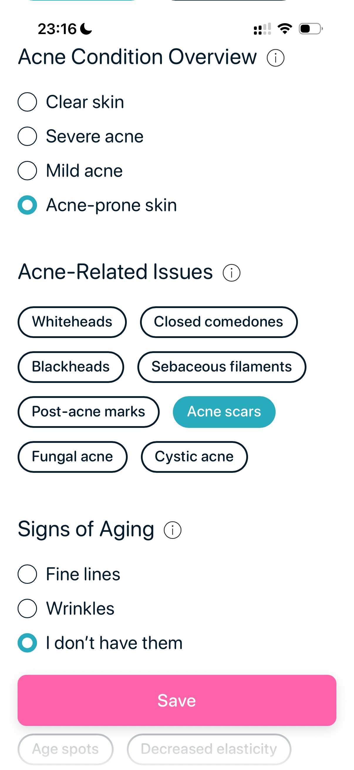 SkinBuddy app with acne scars selected as a skin concern in the skin profile