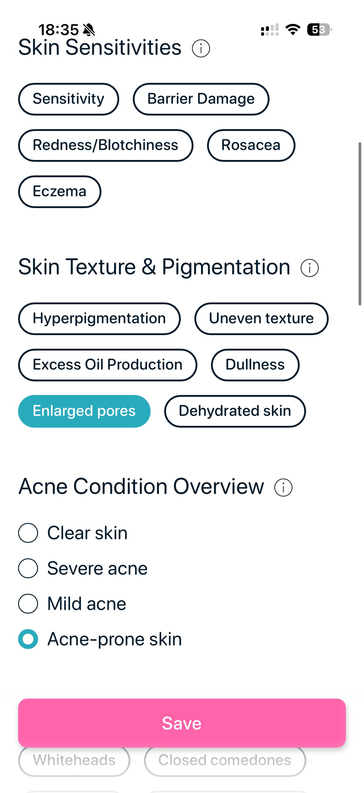 SkinBuddy app skin profile screen with “Enlarged pores” selected to build a pore-friendly skincare routine.