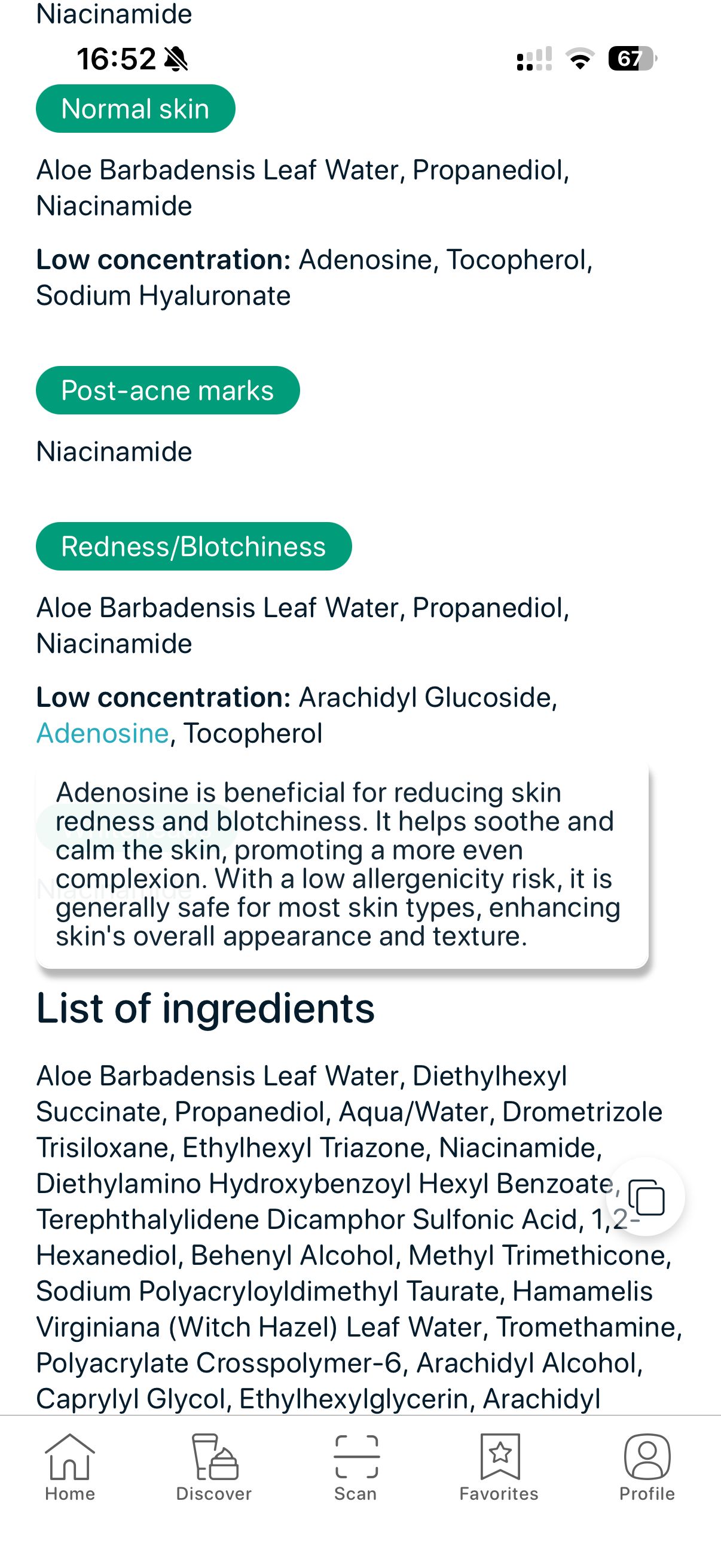 SkinBuddy app analyzing skincare ingredients to show which are beneficial or irritating for redness and blotchy skin.