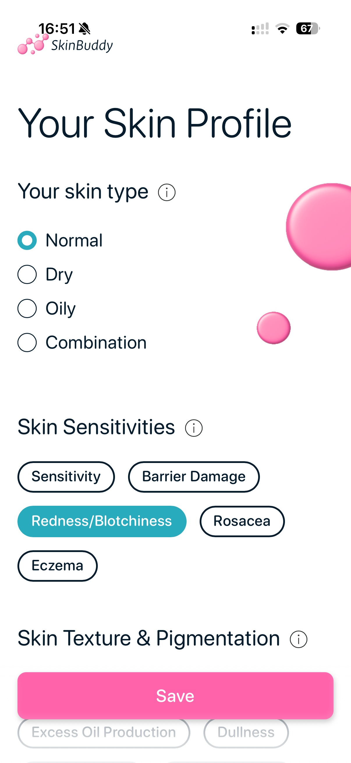 SkinBuddy app showing skin profile setup with redness and sensitivity options for personalized skincare recommendations.