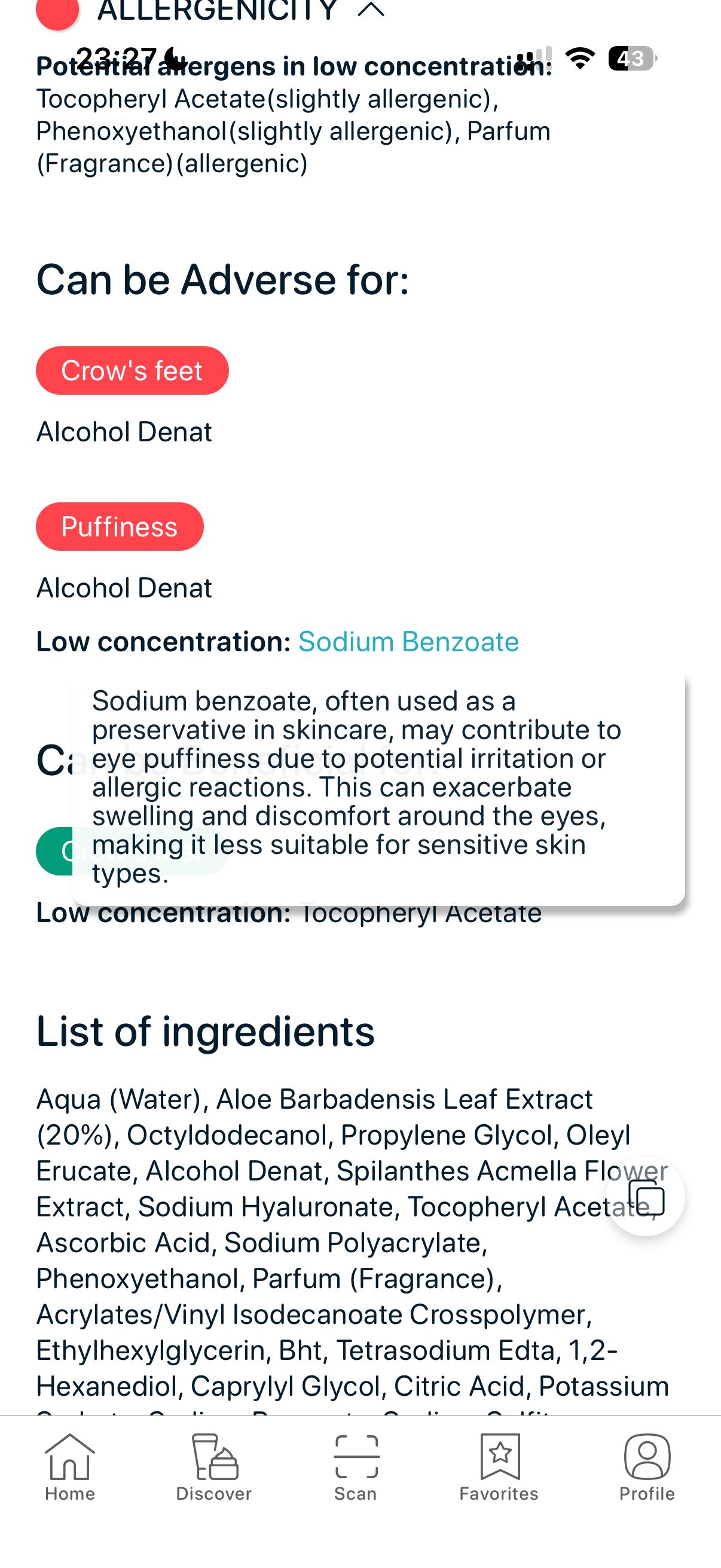 Ingredient check in SkinBuddy highlighting alcohol and preservatives that can trigger eye swelling.