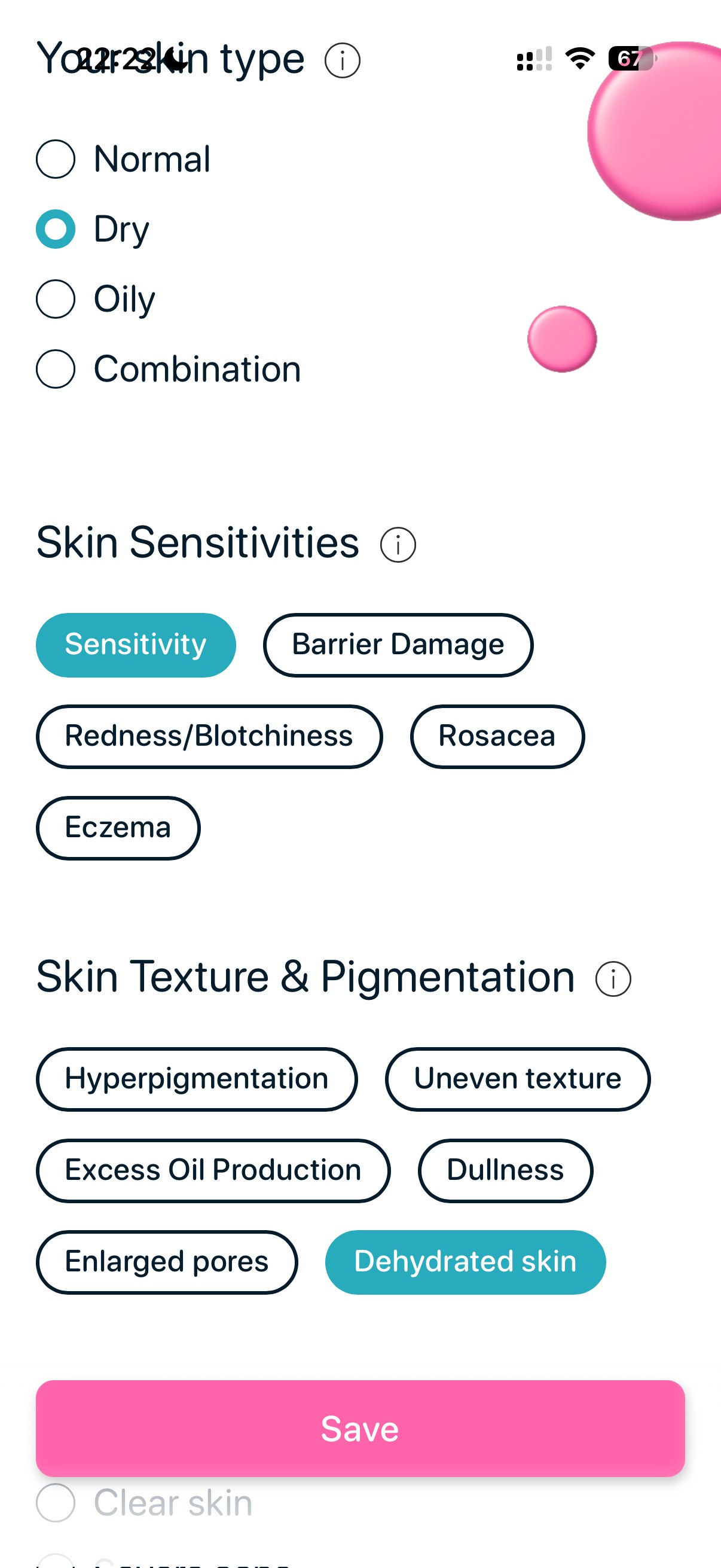 SkinBuddy app interface showing dry and dehydrated skin type selection for winter skincare routine