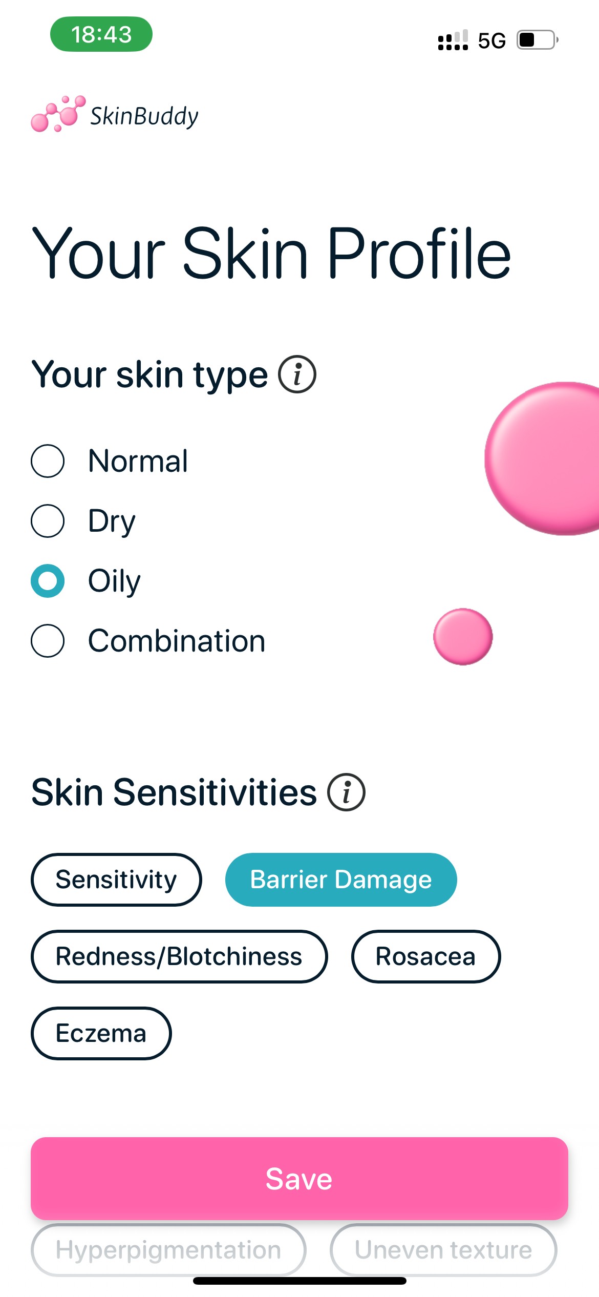 SkinBuddy skincare checker app – skin profile setup screen showing skin type selector (Normal, Dry, Oily, Combination) and sensitivities for personalized recommendations