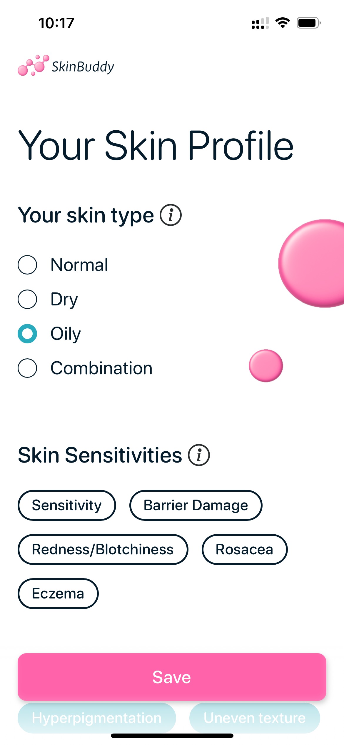 SkinBuddy app skin profile setup screen showing skin type selector and sensitivities for personalized recommendations