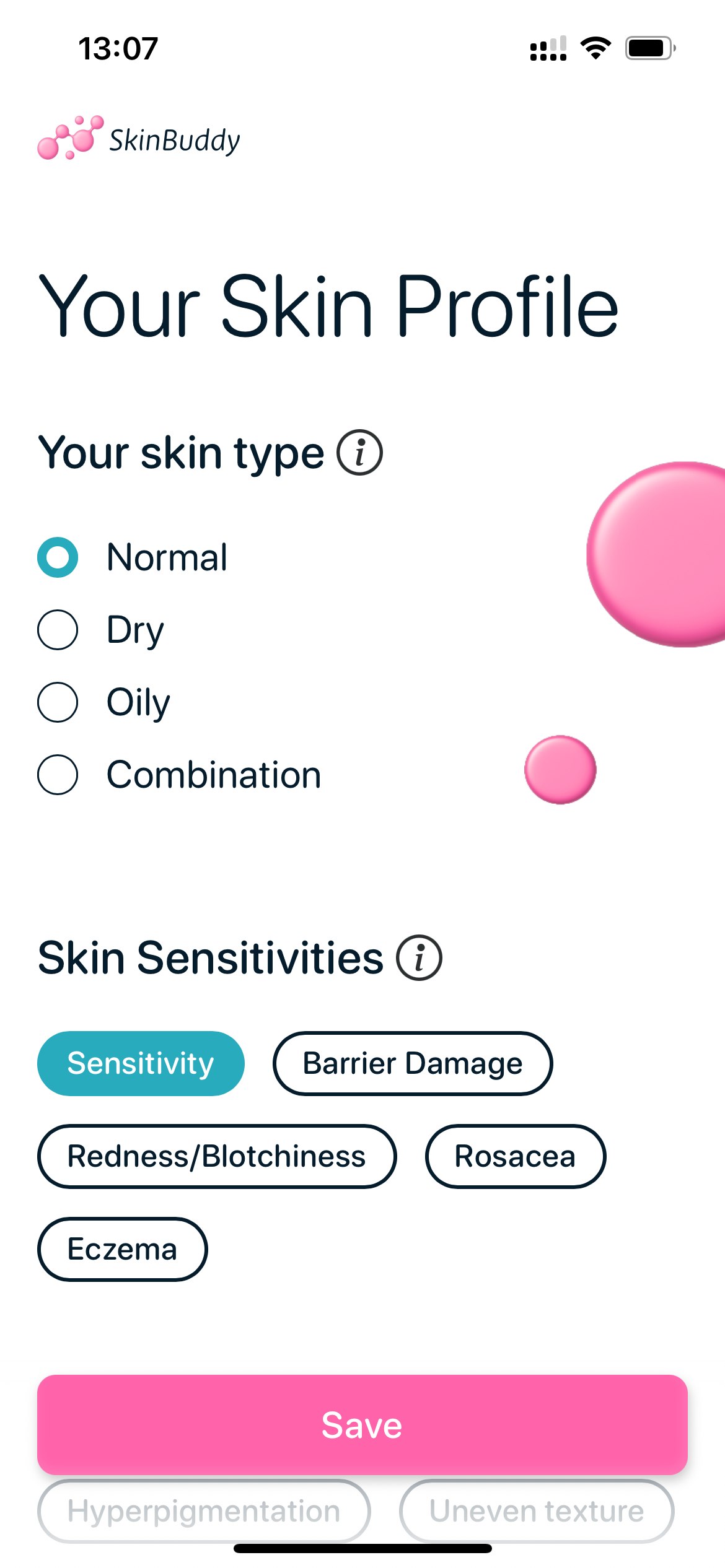 SkinBuddy skincare checker app — setting skin type and sensitivities for personalized recommendations