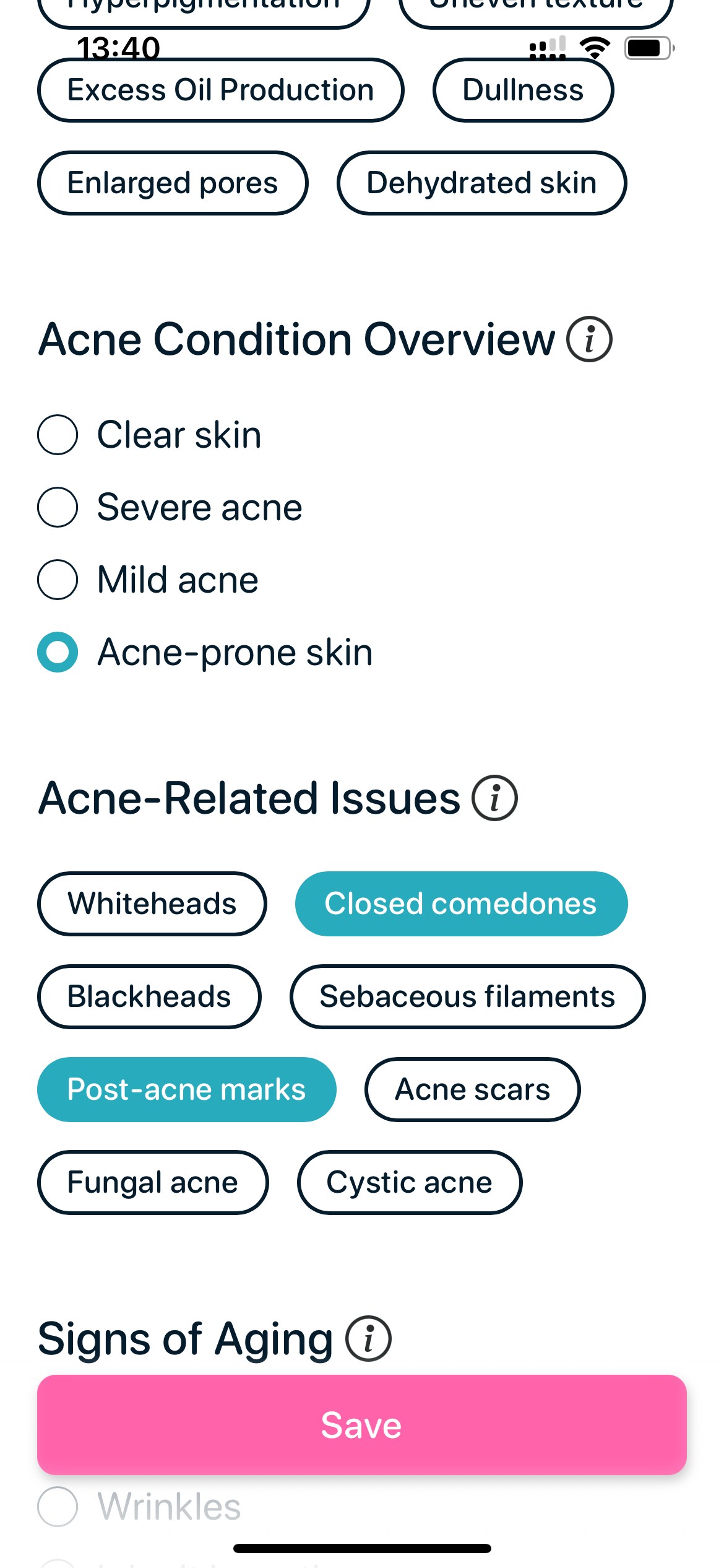 SkinBuddy app profile setup — selecting acne-prone skin and acne-related concerns for personalized skincare.