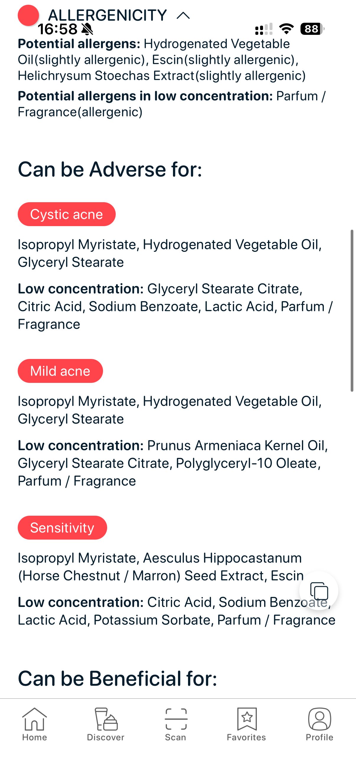 Detailed ingredient safety screen explaining why certain skincare ingredients may cause acne flare-ups and irritation.