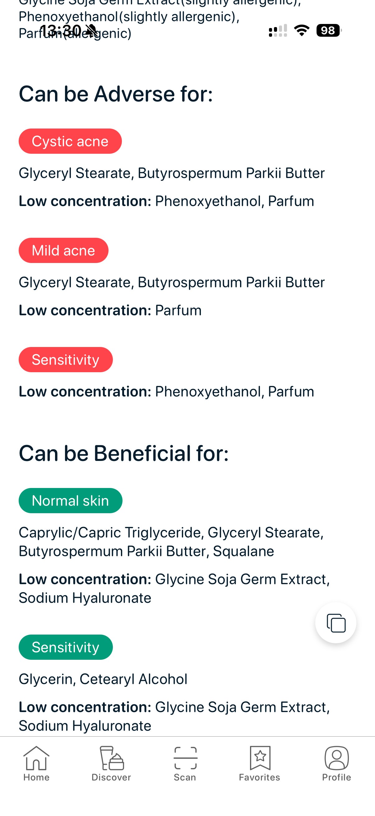 SkinBuddy ingredient analysis highlighting skincare ingredients that may worsen cystic acne and inflammation.