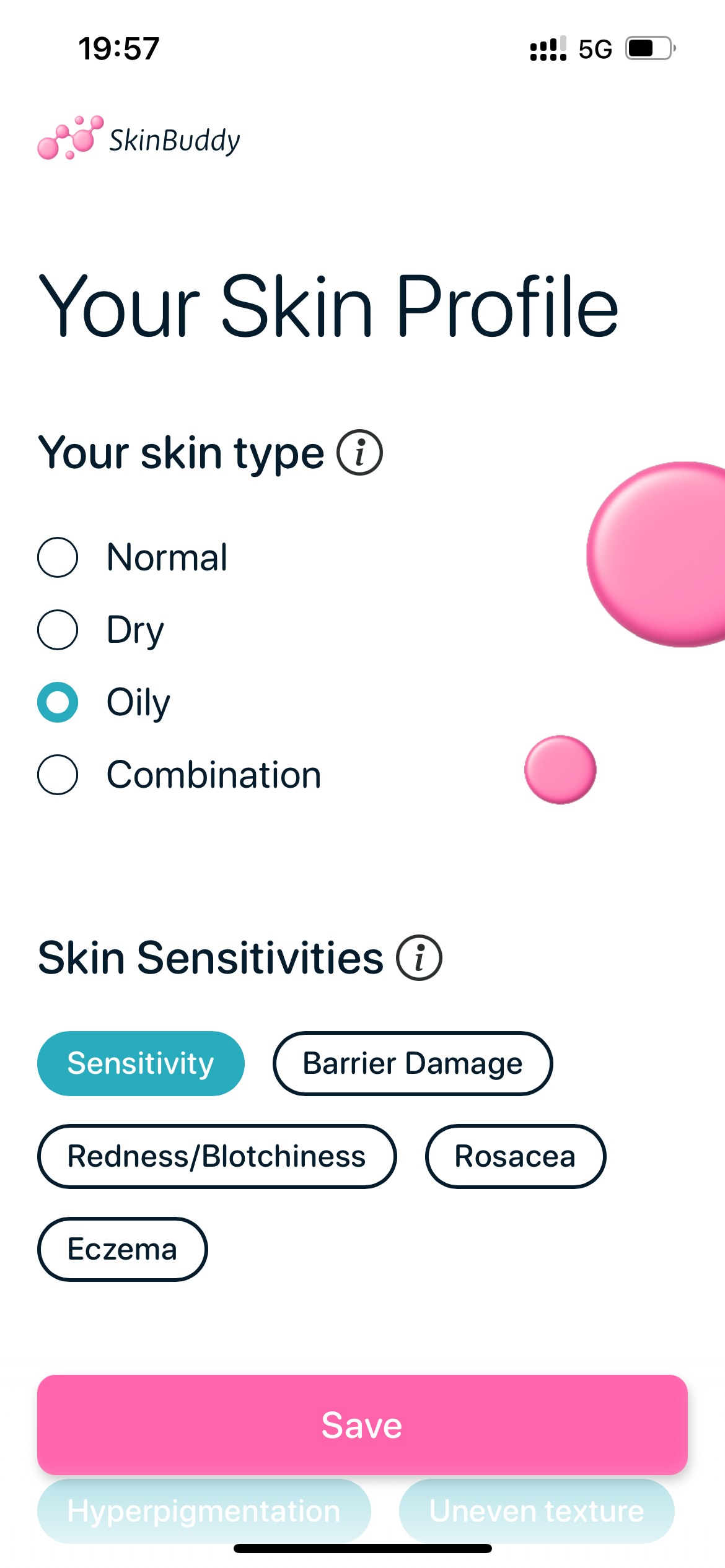 SkinBuddy skincare scanner app – skin profile setup screen showing skin type selector (Normal, Dry, Oily, Combination) and skin sensitivities for personalized recommendations