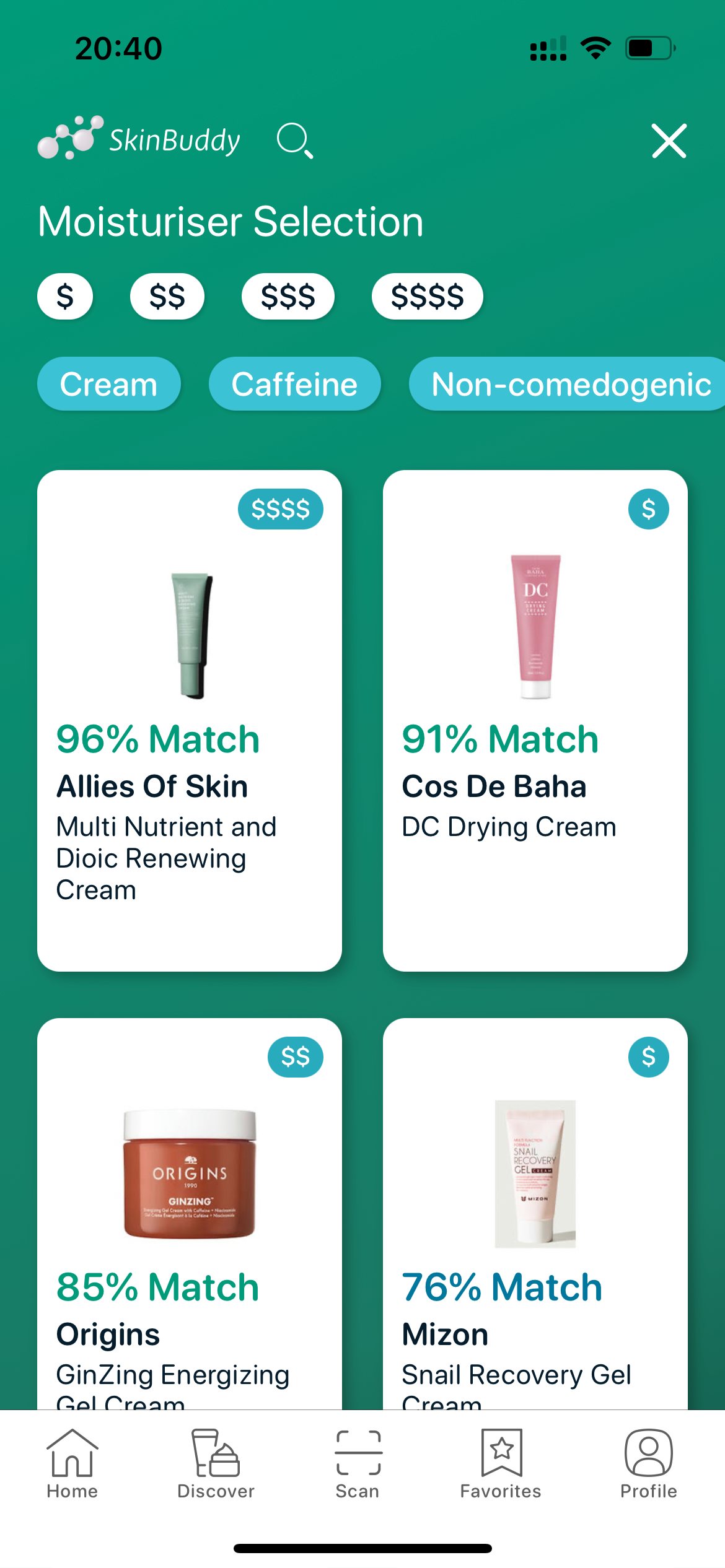 SkinBuddy Moisturiser Selection — Caffeine + Non-comedogenic filters highlighting de-puffing, acne-safe moisturizers