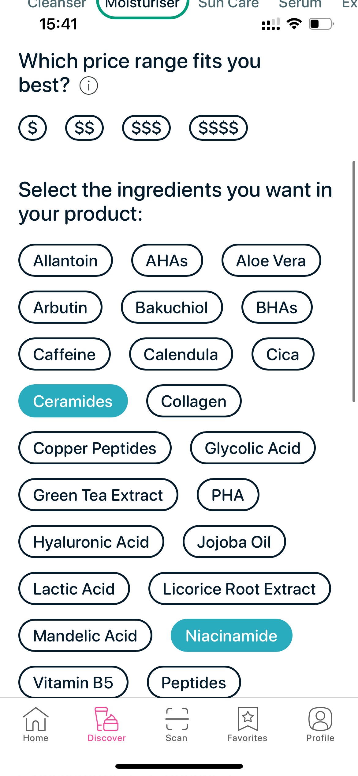 SkinBuddy app showing ceramide skincare ingredient filter for barrier repair and hydration.