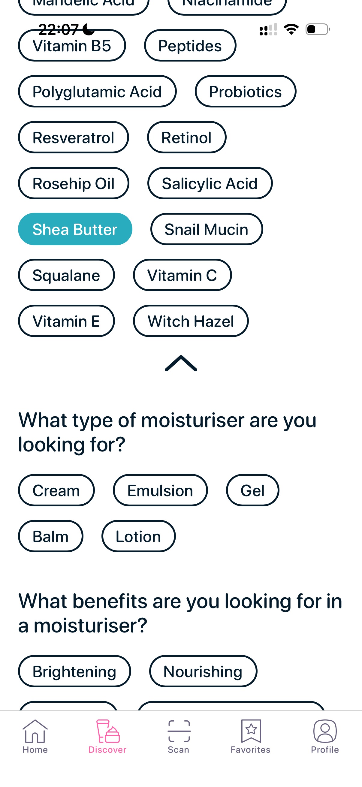 Skincare app filtering products with shea butter ingredient selection